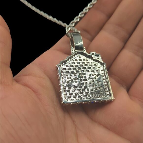 14K White Gold Finish Baguette CZ Trap House - Free 24" x 3mm Rope Chain. - Picture 9 of 9